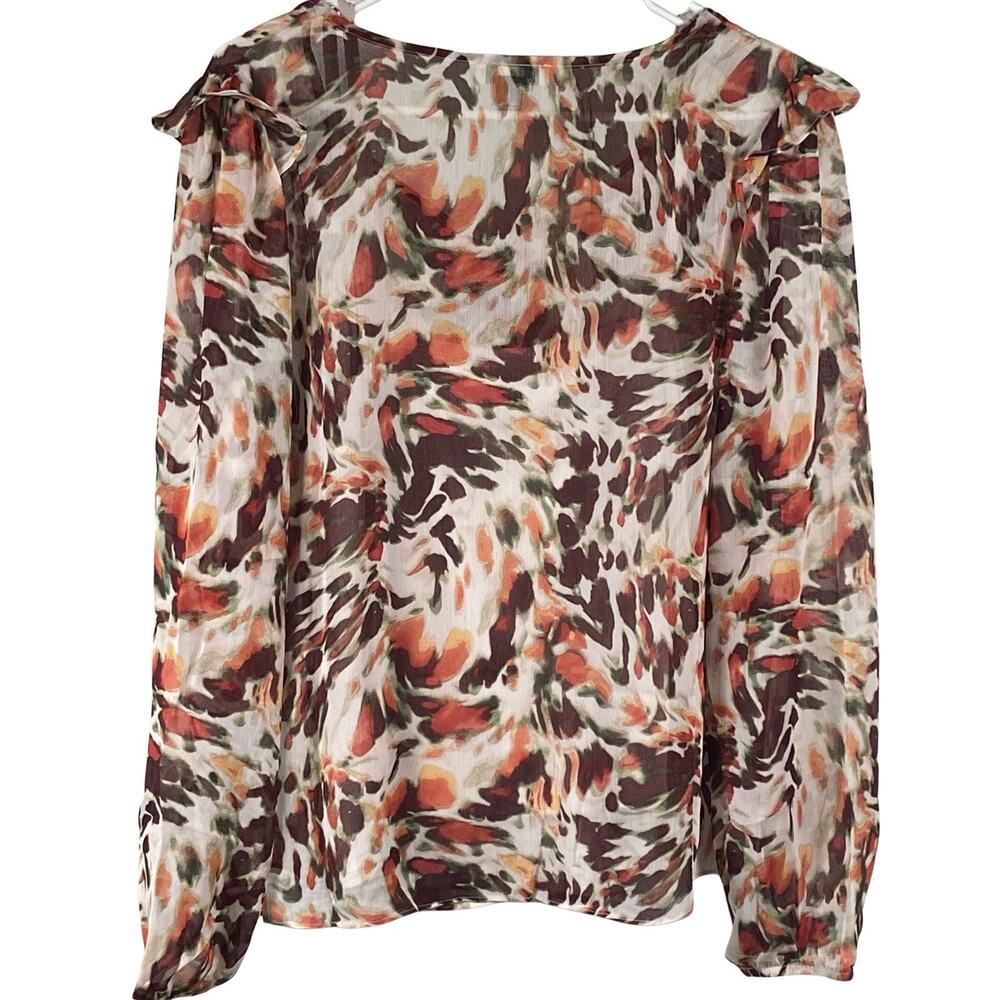Brennan Blouse Women's Large Abstract Long Sleeve Lined V-Neck Ruffle Brown - Picture 2 of 7
